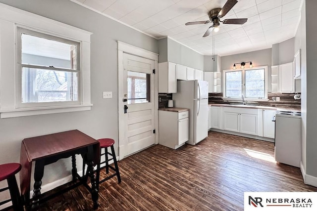 kitchen with dark wood finished floors, stove, freestanding refrigerator, and decorative backsplash