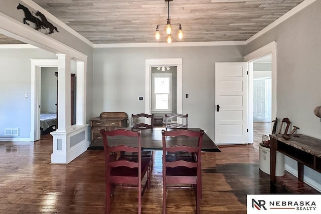 dining room with visible vents, ornamental molding, dark wood-style floors, wooden ceiling, and decorative columns