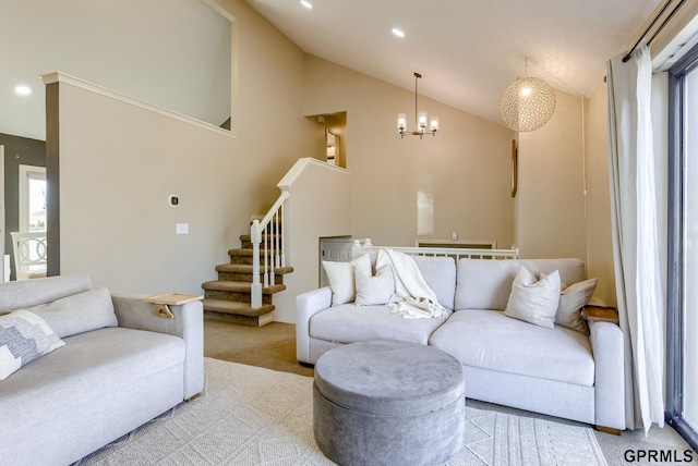 carpeted living area featuring a chandelier, stairway, recessed lighting, and high vaulted ceiling