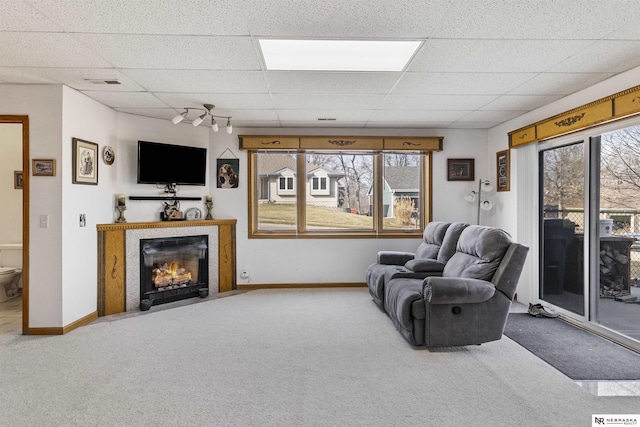 carpeted living area featuring a fireplace with flush hearth, a healthy amount of sunlight, a paneled ceiling, and baseboards