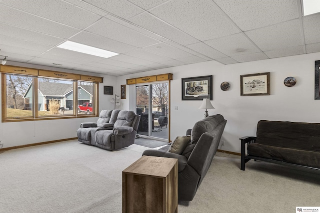 carpeted living room featuring a drop ceiling and baseboards