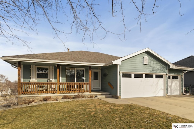 single story home featuring a front lawn, a porch, concrete driveway, roof with shingles, and a garage