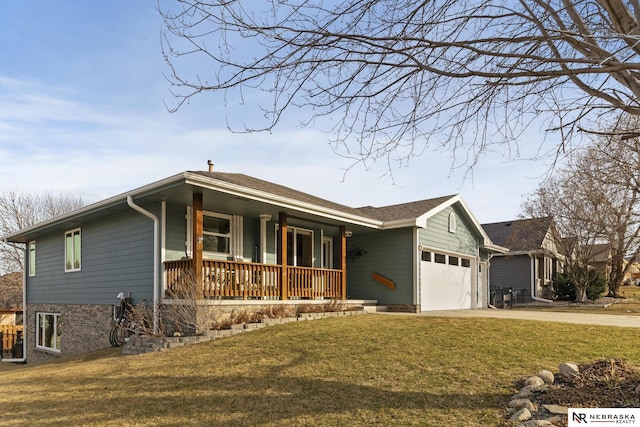 ranch-style house with a porch, driveway, a garage, and a front yard