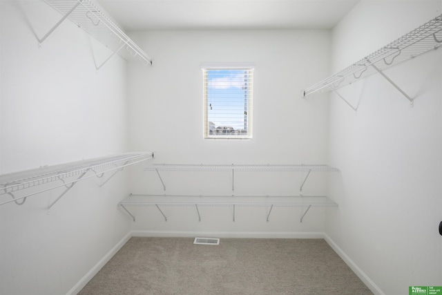 spacious closet with visible vents and light colored carpet