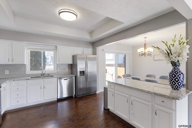 kitchen with dark wood-type flooring, a sink, appliances with stainless steel finishes, a raised ceiling, and a chandelier