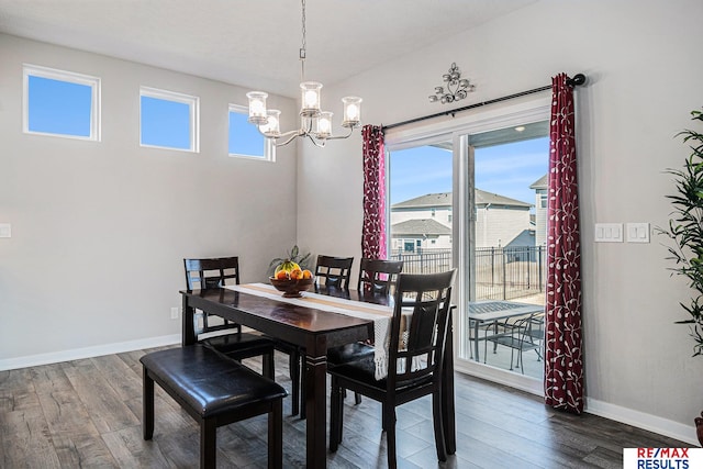 dining area with plenty of natural light, baseboards, dark wood-type flooring, and an inviting chandelier