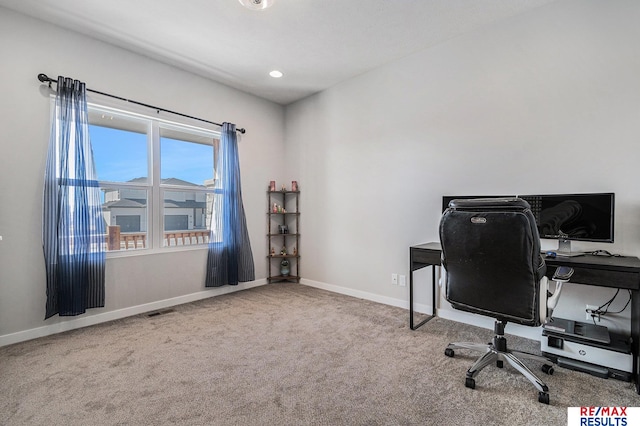 carpeted office featuring recessed lighting, visible vents, and baseboards