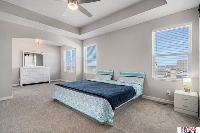 carpeted bedroom with visible vents, baseboards, and a tray ceiling