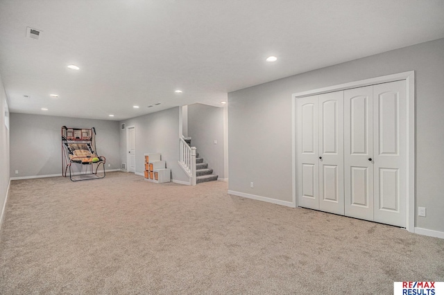 interior space with recessed lighting, visible vents, baseboards, and carpet flooring