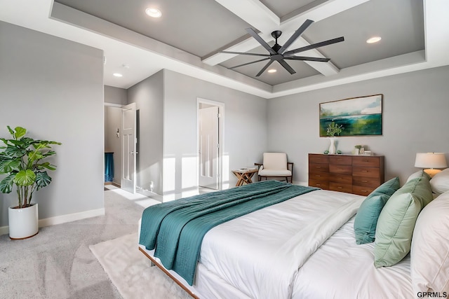 bedroom with recessed lighting, beamed ceiling, baseboards, and coffered ceiling