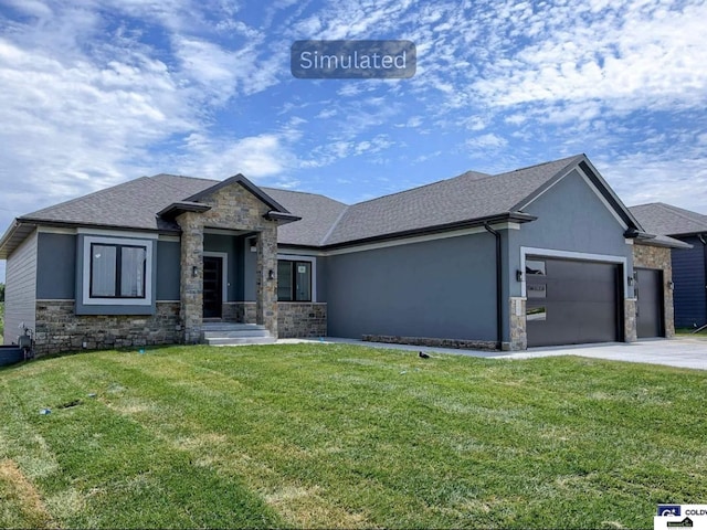 view of front facade with stone siding, driveway, an attached garage, and a front yard