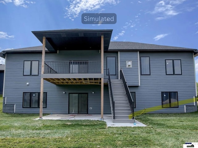 back of property with a yard, stairway, and a patio area