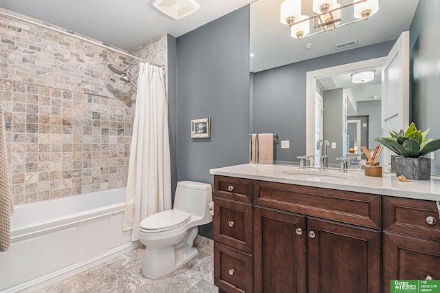 bathroom featuring visible vents, shower / bathtub combination with curtain, toilet, and vanity