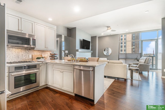 kitchen featuring backsplash, dark wood finished floors, open floor plan, appliances with stainless steel finishes, and a peninsula