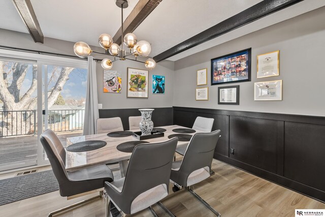 10230 Weir St, Ralston, NE 68127 - dining area featuring visible vents, light wood-style flooring, wainscoting, beamed ceiling, and a notable chandelier