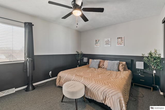 10230 Weir St, Ralston, NE 68127 - carpeted bedroom with visible vents, baseboards, a textured ceiling, and ceiling fan