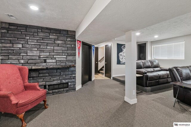 10230 Weir St, Ralston, NE 68127 - living area featuring visible vents, baseboards, stairs, a textured ceiling, and carpet flooring