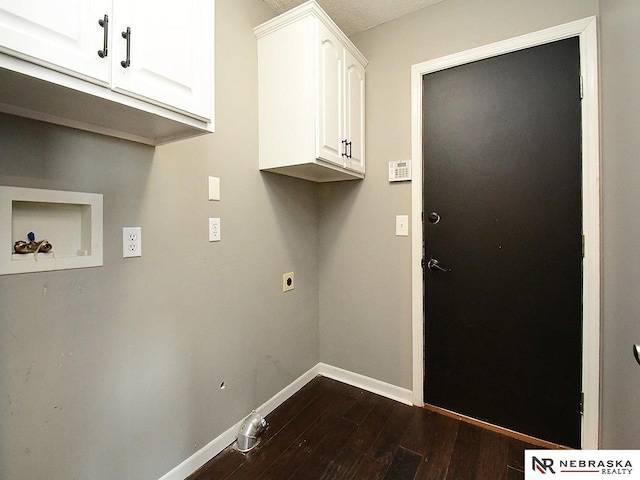 washroom with washer hookup, dark wood finished floors, cabinet space, baseboards, and hookup for an electric dryer