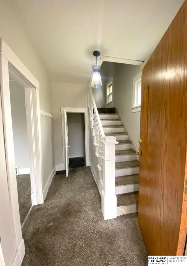 stairs with carpet and baseboards