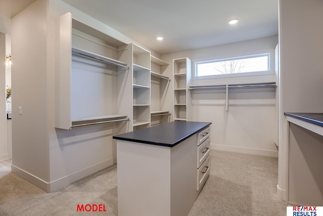 walk in closet with light colored carpet