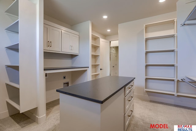 walk in closet with light colored carpet and built in study area