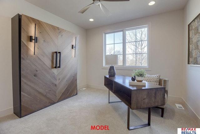 office space with recessed lighting, baseboards, carpet floors, and ceiling fan