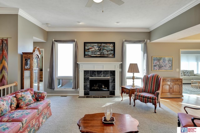 living area featuring a fireplace, carpet, a ceiling fan, and ornamental molding