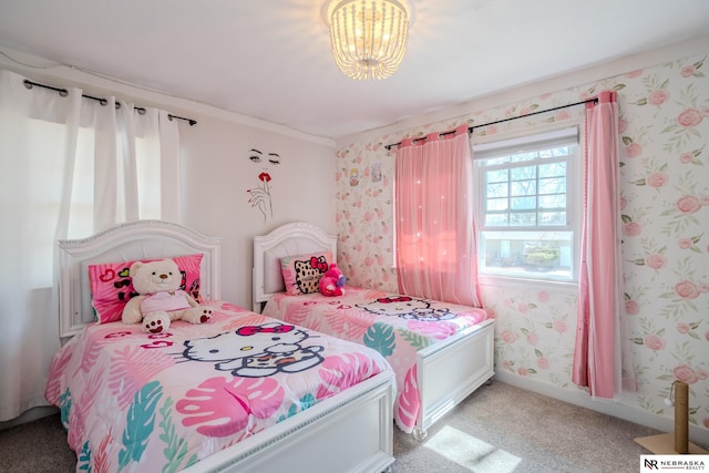 bedroom with baseboards, light colored carpet, a chandelier, and wallpapered walls