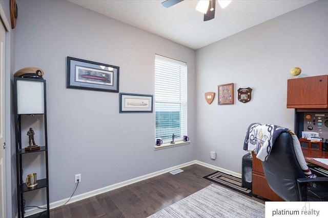 office with visible vents, baseboards, a ceiling fan, and dark wood-style floors