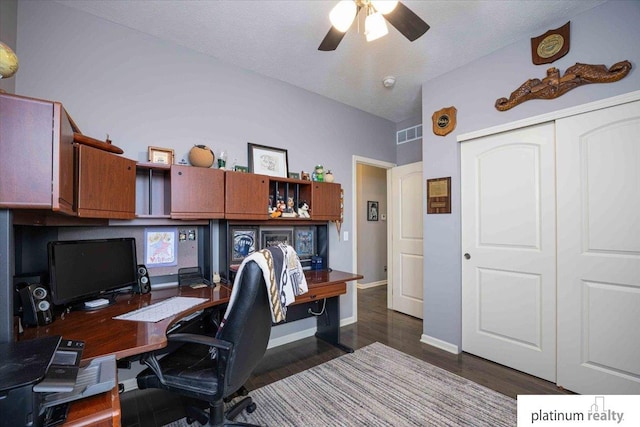 office space with dark wood-type flooring, visible vents, ceiling fan, and baseboards