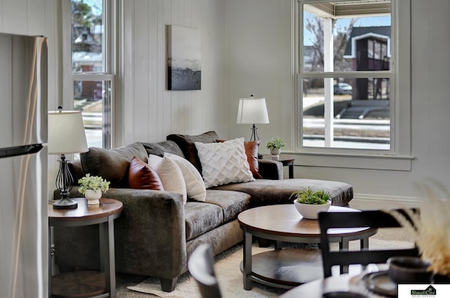 living area with wooden walls