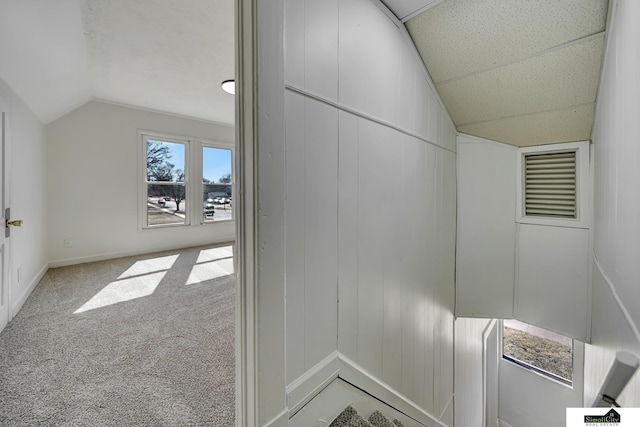 interior space with visible vents, baseboards, lofted ceiling, and carpet