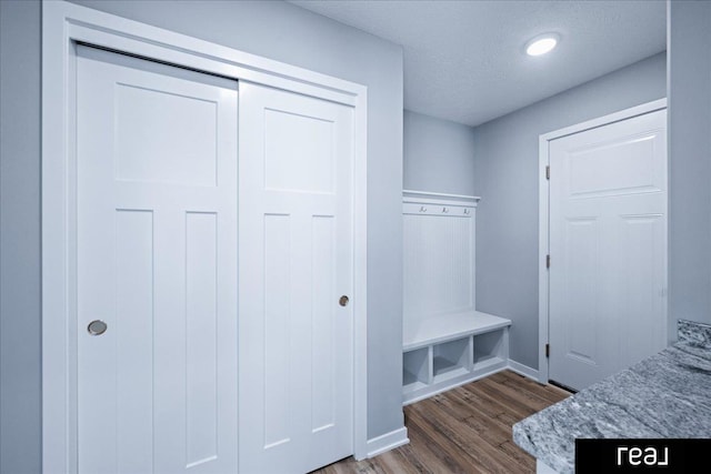 mudroom with dark wood finished floors, a textured ceiling, and baseboards