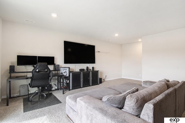 carpeted bedroom featuring baseboards, visible vents, and recessed lighting