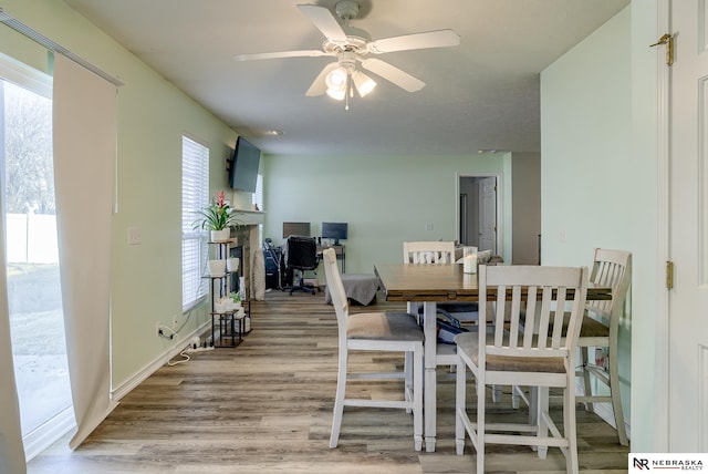 dining area featuring wood finished floors and ceiling fan