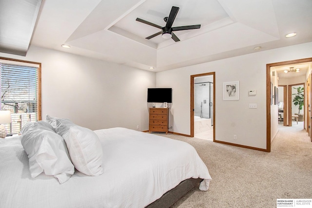 bedroom with baseboards, visible vents, a tray ceiling, recessed lighting, and light colored carpet