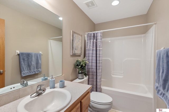 bathroom featuring visible vents, shower / bathtub combination with curtain, toilet, recessed lighting, and vanity