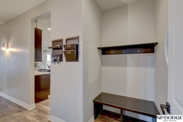 mudroom with baseboards and wood finished floors