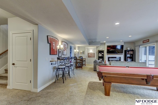 game room featuring recessed lighting, a fireplace, baseboards, and carpet floors