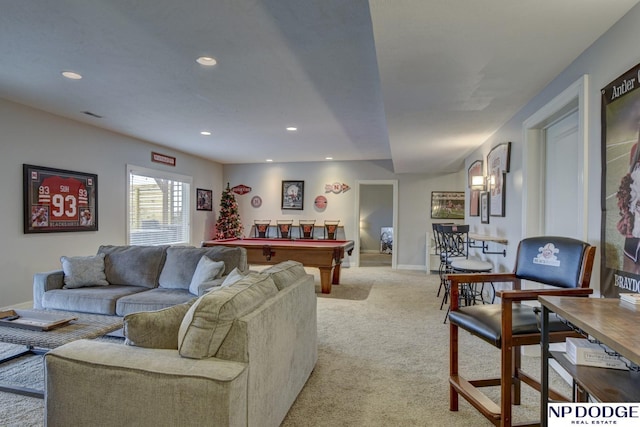 living area featuring recessed lighting, light colored carpet, billiards, and baseboards