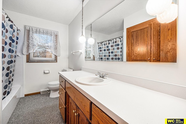 bathroom featuring vanity, visible vents, baseboards, a textured ceiling, and toilet