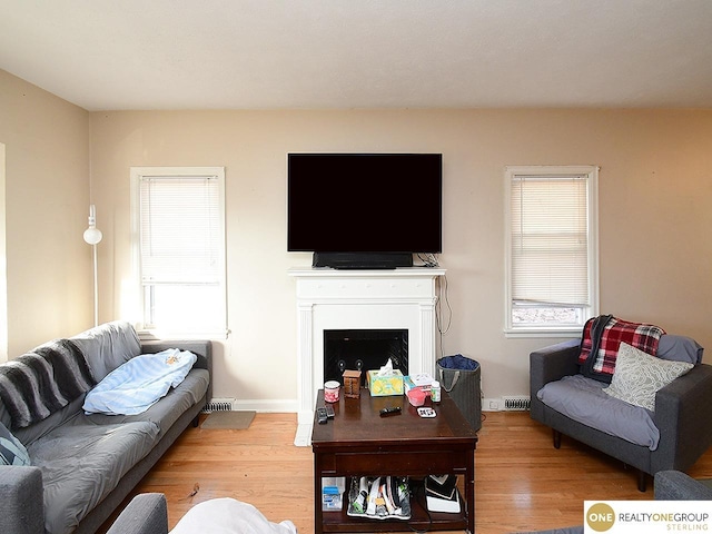 living area featuring a fireplace, wood finished floors, baseboards, and a healthy amount of sunlight