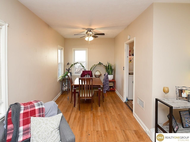 dining room with baseboards, visible vents, light wood finished floors, and ceiling fan