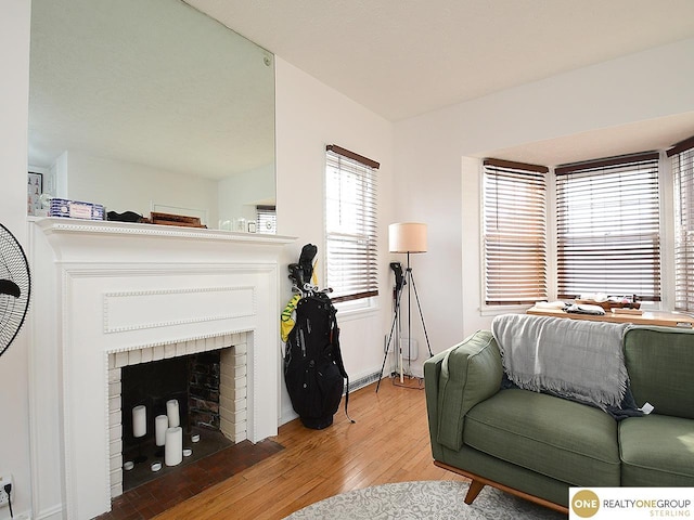 living area featuring a fireplace and wood finished floors