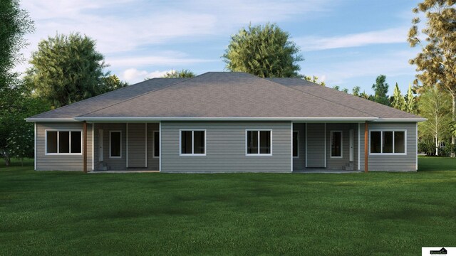single story home with a patio, a front lawn, and roof with shingles