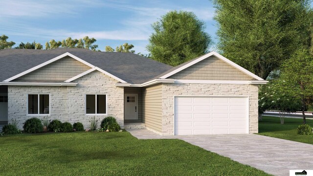 view of front of house featuring driveway, a front lawn, stone siding, an attached garage, and a shingled roof