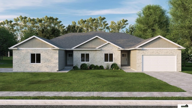 view of front facade featuring a garage, concrete driveway, a front lawn, and stone siding