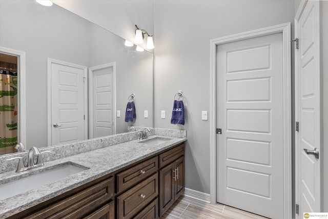 bathroom featuring a sink, baseboards, double vanity, and wood finished floors