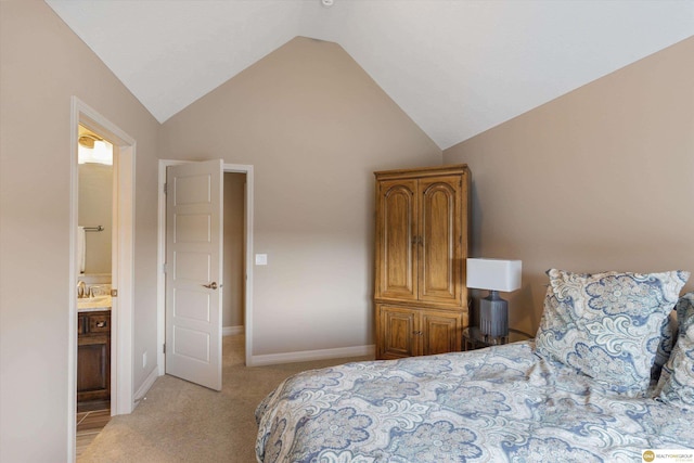 bedroom with baseboards, light carpet, and vaulted ceiling