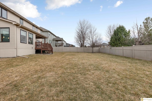 view of yard with a fenced backyard and a deck